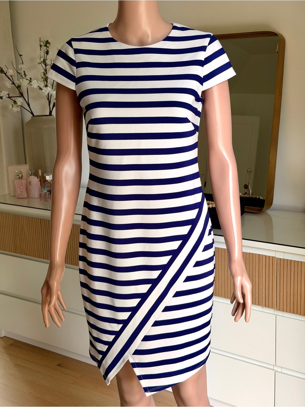 Vince Camuto Navy and White Striped Sheath Dress